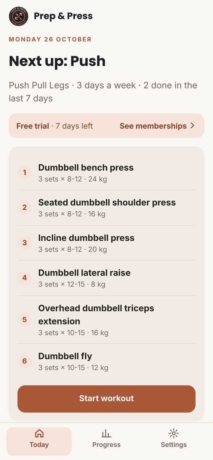 Today screen with the next workout and target weights