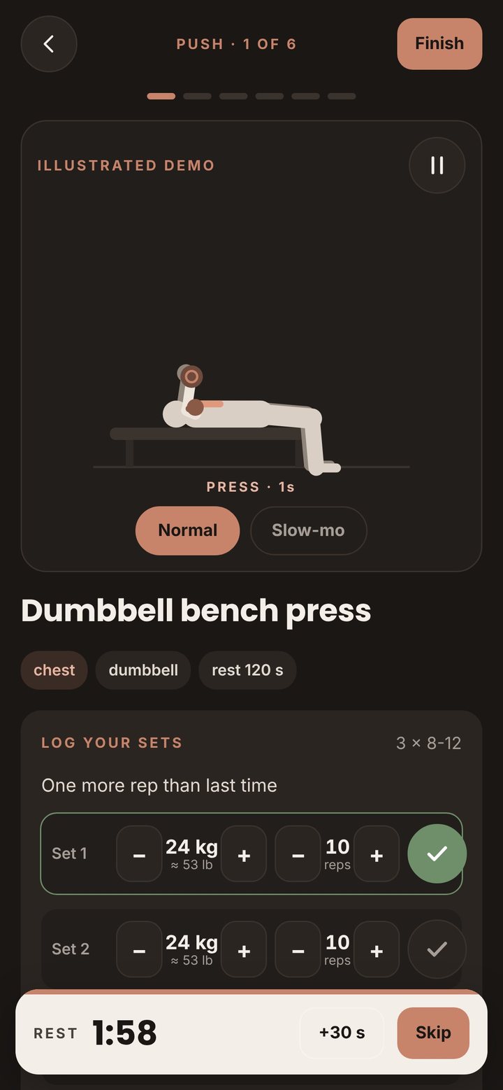 Workout screen with the animated bench press demo, logged sets and rest timer