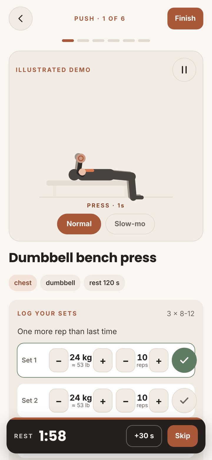 Workout screen with the animated bench press demo, logged sets and rest timer
